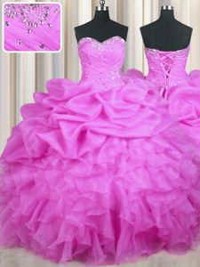 Fitting Sweetheart Sleeveless Organza Quinceanera Gown Beading and Ruffles and Sequins and Ruching Lace Up