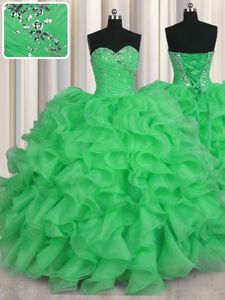 Green Sweetheart Lace Up Beading and Ruffles Quinceanera Court of Honor Dress Sleeveless