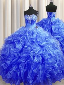 Custom Design Lace Up Sweet 16 Dress Royal Blue and In for Military Ball and Sweet 16 and Quinceanera with Beading and Ruffles Sweep Train