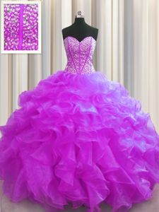 Low Price Visible Boning Fuchsia Ball Gowns Beading and Ruffles 15th Birthday Dress Lace Up Organza Sleeveless Floor Length