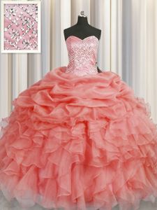 Exceptional Floor Length Lace Up Quinceanera Dress Watermelon Red and In for Military Ball and Sweet 16 and Quinceanera with Beading and Ruffles