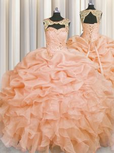 Peach Scoop Lace Up Beading and Pick Ups Sweet 16 Quinceanera Dress Sleeveless