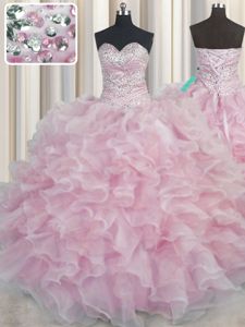 Dazzling Bling-bling Pink Ball Gown Prom Dress Military Ball and Sweet 16 and Quinceanera and For with Beading and Ruffles Sweetheart Sleeveless Lace Up