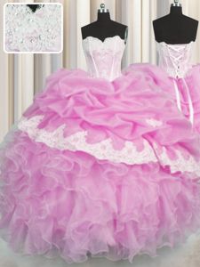 Discount Pink Sweetheart Neckline Beading and Appliques and Ruffles and Pick Ups Sweet 16 Dress Sleeveless Lace Up