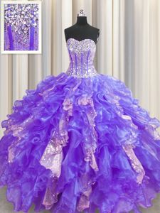 Low Price Sequins Visible Boning Sweetheart Sleeveless Lace Up Quinceanera Gowns Purple Organza and Sequined