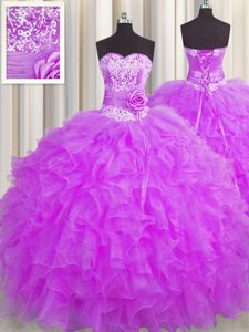 Handcrafted Flower Purple Sweetheart Neckline Beading and Ruffles and Hand Made Flower Quinceanera Dress Sleeveless Lace Up