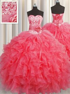 Ideal Handcrafted Flower Sleeveless Organza Floor Length Lace Up Sweet 16 Quinceanera Dress in Coral Red for with Ruffles and Hand Made Flower