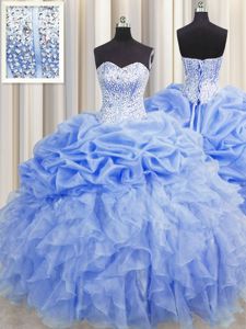 Custom Designed Visible Boning Baby Blue Sleeveless Ruffles and Pick Ups Floor Length Sweet 16 Dresses