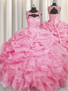 Rose Pink Sweet 16 Dresses Military Ball and Sweet 16 and Quinceanera and For with Beading and Pick Ups Scoop Sleeveless Lace Up