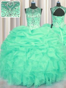 Scoop See Through Floor Length Turquoise 15 Quinceanera Dress Organza Sleeveless Beading and Ruffles and Pick Ups