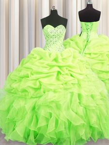 Sleeveless Organza Floor Length Lace Up Court Dresses for Sweet 16 in Yellow Green for with Beading and Ruffles and Pick Ups