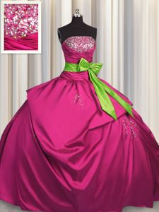 Fuchsia Lace Up 15 Quinceanera Dress Beading and Ruching and Bowknot Sleeveless Floor Length