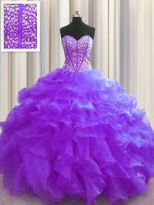 Simple Visible Boning Purple Organza Lace Up Sweetheart Sleeveless Floor Length Sweet 16 Dresses Beading and Ruffles