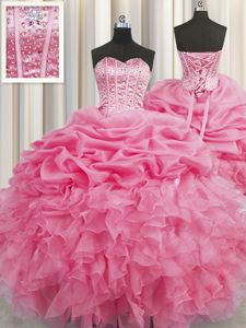 Visible Boning Rose Pink Quinceanera Gown Military Ball and Sweet 16 and Quinceanera and For with Beading and Ruffles and Pick Ups Sweetheart Sleeveless Lace Up