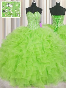 Fantastic Visible Boning Sleeveless Floor Length Beading and Ruffles Lace Up Vestidos de Quinceanera