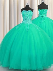 Really Puffy Beading Quinceanera Court Dresses Turquoise Lace Up Sleeveless Floor Length