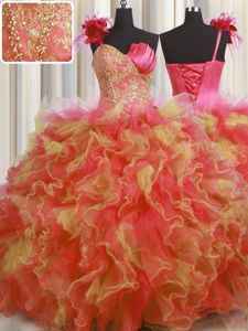 Custom Made One Shoulder Handcrafted Flower Sleeveless Floor Length Beading and Ruffles and Hand Made Flower Lace Up Quinceanera Dress with Multi-color