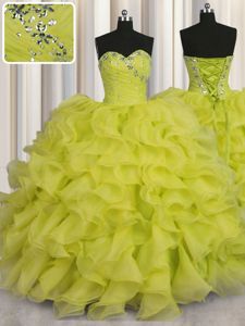 Smart Yellow Green Ball Gowns Beading and Ruffles Quince Ball Gowns Lace Up Organza Sleeveless Floor Length