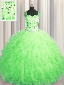 Romantic See Through Zipper Up Ball Gowns Straps Sleeveless Tulle Floor Length Zipper Beading and Ruffles Quinceanera Gowns