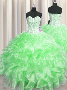 Visible Boning Floor Length Quince Ball Gowns Organza Sleeveless Beading and Ruffles