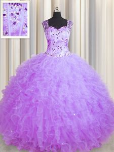 See Through Zipper Up Purple Ball Gowns Square Sleeveless Tulle Floor Length Zipper Beading and Ruffles 15 Quinceanera Dress