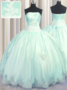 Discount Apple Green Strapless Neckline Beading and Appliques Quince Ball Gowns Sleeveless Lace Up