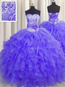 Handcrafted Flower Lavender Lace Up Sweetheart Beading and Ruffles and Hand Made Flower Dama Dress for Quinceanera Organza Sleeveless