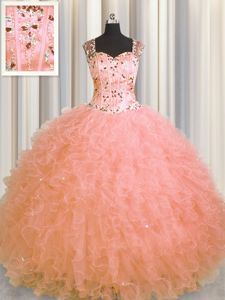 Most Popular See Through Zipper Up Sleeveless Tulle Floor Length Zipper Quince Ball Gowns in Watermelon Red for with Beading and Ruffles