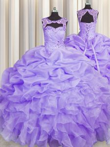 Popular Pick Ups Visible Boning Lavender Sleeveless Organza Lace Up Quinceanera Dresses for Military Ball and Sweet 16 and Quinceanera