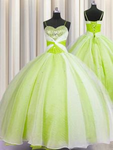 Customized Yellow Green Spaghetti Straps Lace Up Beading and Ruching Vestidos de Damas Sleeveless