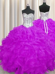 Comfortable Organza Sweetheart Sleeveless Lace Up Beading and Ruffles Ball Gown Prom Dress in Purple