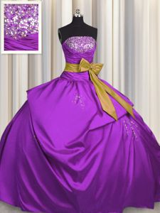 Bowknot Strapless Sleeveless Lace Up 15th Birthday Dress Purple Satin