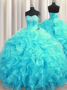 Best Selling Sweetheart Sleeveless Brush Train Lace Up Ball Gown Prom Dress Aqua Blue Organza