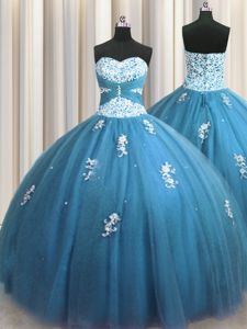 Deluxe Teal Column/Sheath Beading and Appliques Quince Ball Gowns Lace Up Tulle Sleeveless Floor Length