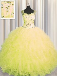 See Through Zipper Up Yellow Ball Gowns Straps Sleeveless Tulle Floor Length Zipper Beading and Ruffles Quince Ball Gowns