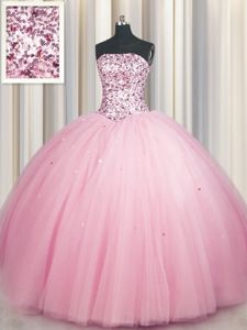 Fine Big Puffy Pink Tulle Lace Up 15th Birthday Dress Sleeveless Floor Length Sequins