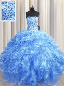 Visible Boning Baby Blue Organza Lace Up Quinceanera Dresses Sleeveless Floor Length Beading and Ruffles