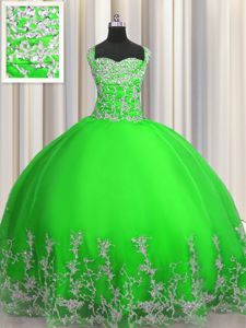 Sophisticated Straps Sleeveless Lace Up Sweet 16 Quinceanera Dress Green Tulle