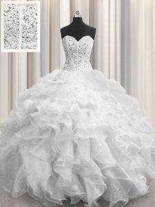 Fine Visible Boning Floor Length White 15 Quinceanera Dress Sweetheart Sleeveless Lace Up