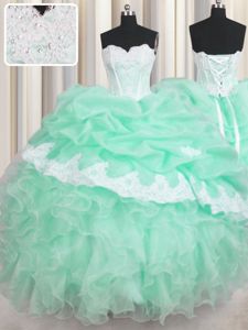 Elegant Sleeveless Beading and Ruffles and Pick Ups Lace Up Quince Ball Gowns