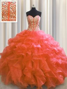 Visible Boning Floor Length Red Sweet 16 Dress Organza Sleeveless Beading and Ruffles