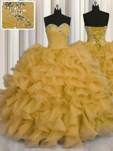 Gold 15 Quinceanera Dress Military Ball and Sweet 16 and Quinceanera and For with Beading and Ruffles Sweetheart Sleeveless Lace Up