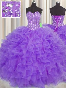 New Style Visible Boning Sleeveless Lace Up Floor Length Lace and Ruffles and Sashes|ribbons Vestidos de Quinceanera
