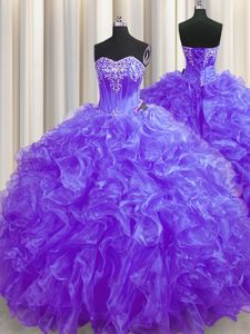 Eye-catching Sweetheart Sleeveless Quinceanera Dress Brush Train Beading and Ruffles Purple Organza