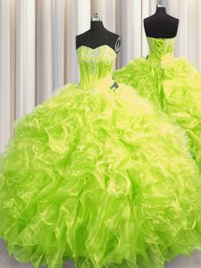 Custom Fit Yellow Green Sweetheart Neckline Beading and Ruffles Ball Gown Prom Dress Long Sleeves Lace Up