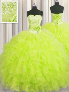 Fine Bling-bling Sweetheart Sleeveless 15th Birthday Dress Floor Length Beading and Ruffles Pink Organza