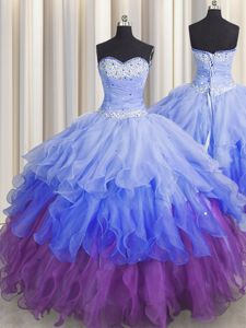 Custom Fit Multi-color Ball Gowns Sweetheart Sleeveless Organza Floor Length Zipper Beading and Ruffles and Ruffled Layers and Sequins Quinceanera Dama Dress