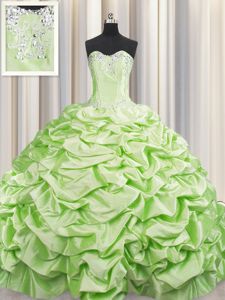 Smart Brush Train Yellow Green Taffeta Lace Up Sweetheart Sleeveless Quinceanera Gown Sweep Train Beading and Pick Ups