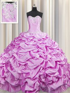 Artistic Lilac Ball Gowns Taffeta Sweetheart Sleeveless Beading and Pick Ups Lace Up Quince Ball Gowns Brush Train