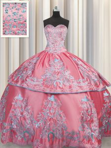 Flirting Rose Pink Lace Up Sweetheart Beading and Embroidery Quinceanera Gown Taffeta Sleeveless